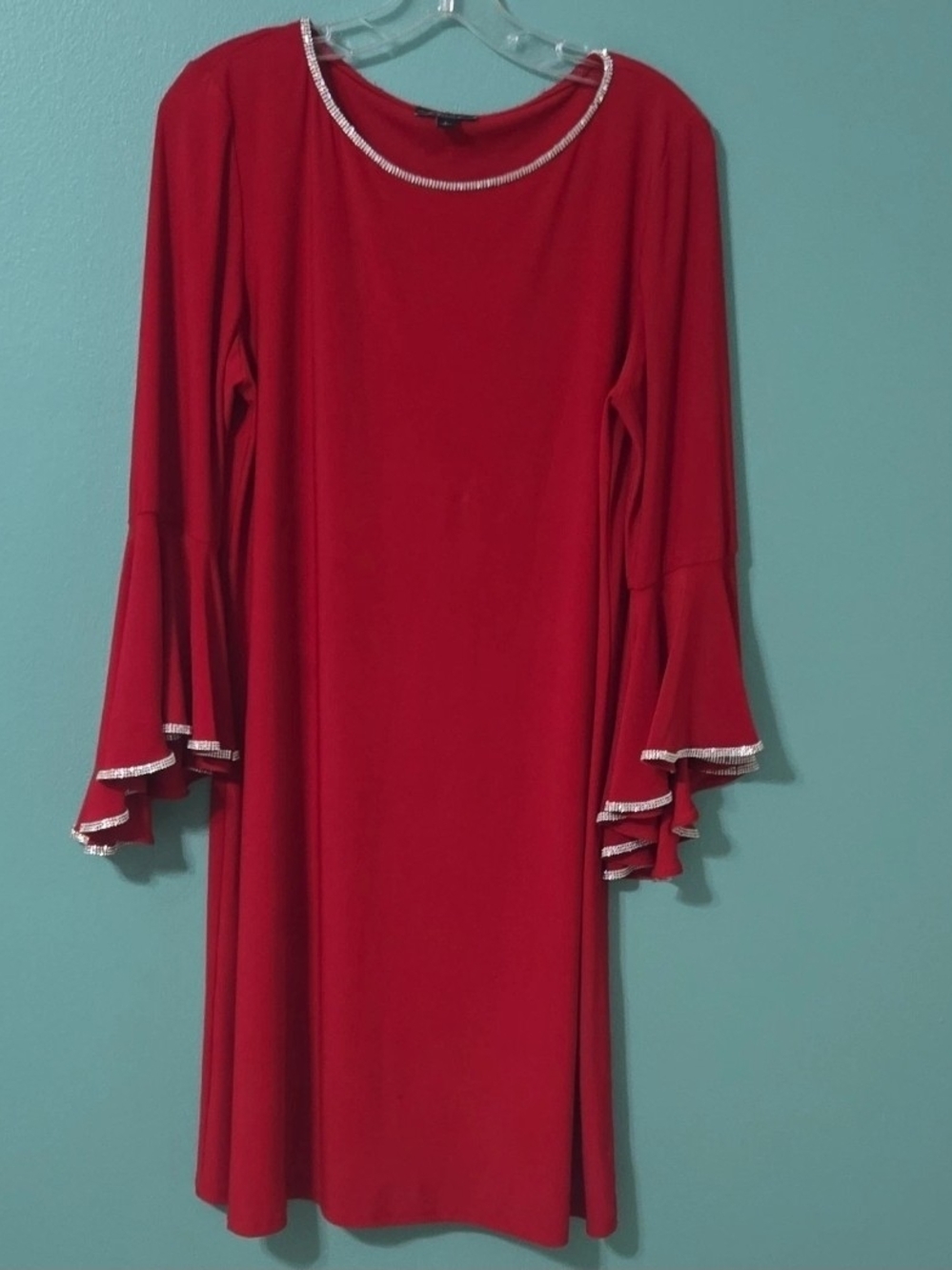 Beaded Trim Red Ruffle-Sleeve Long Dress